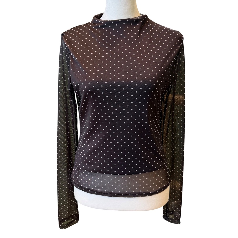 Polka Dot Mesh Top Black White Long Sleeve Sheer Large Going Out y2k Grunge
